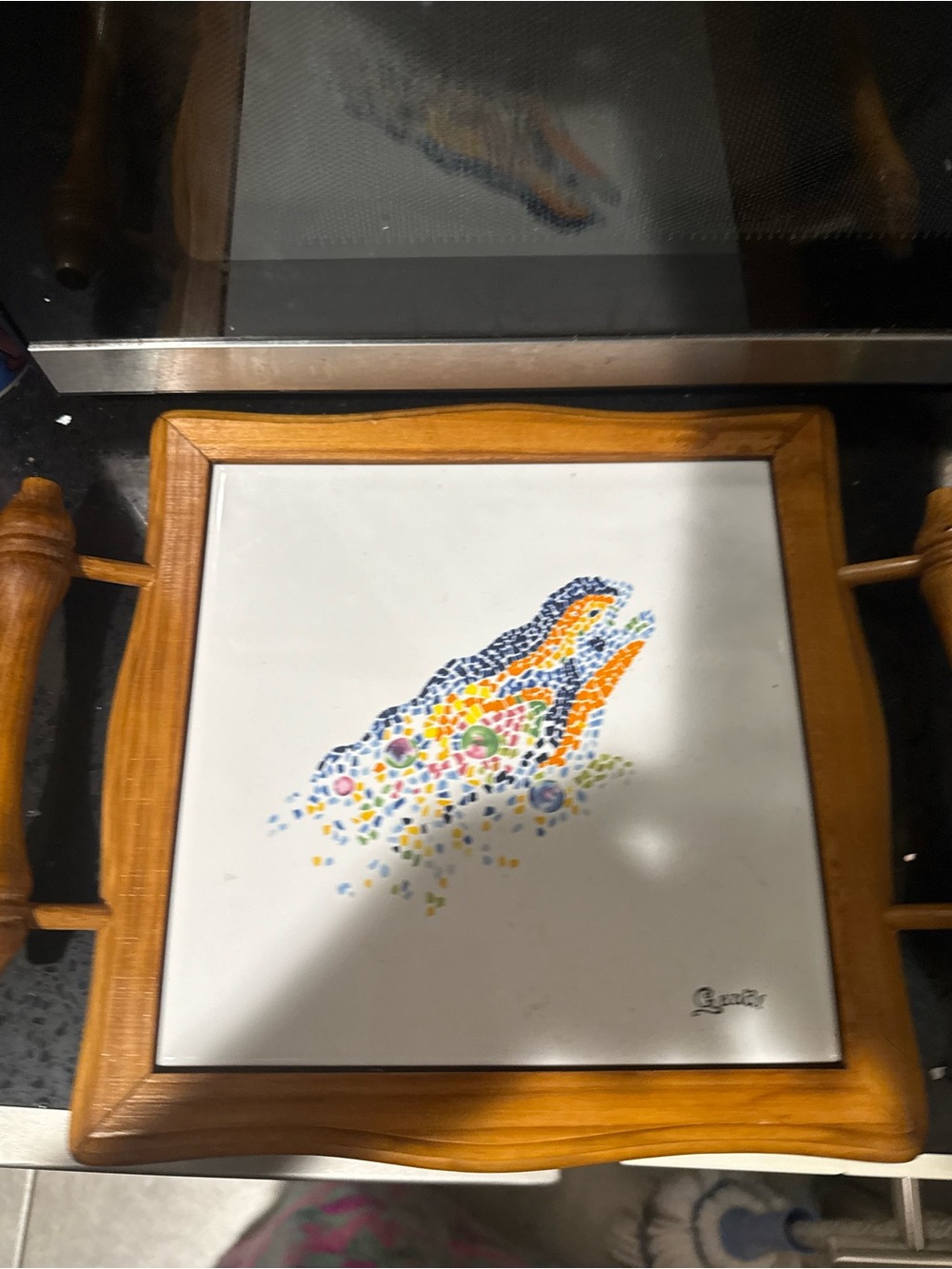 Hand-Painted Ceramic Tile Art Tray in Blue, Orange, Yellow